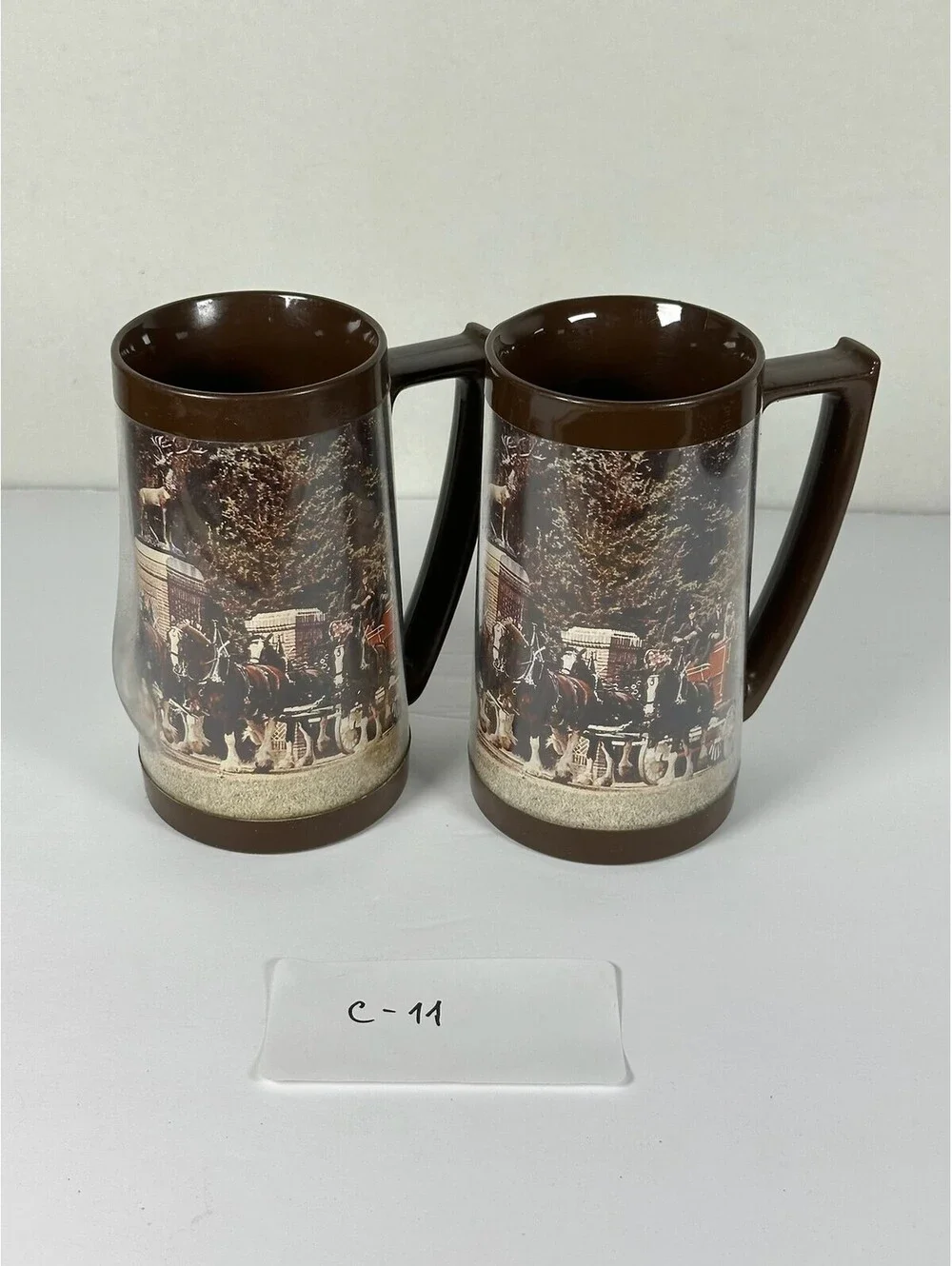 Vintage Thermo-Serv Horse Carriage Plastic Beer Mugs Set of 2 C-11